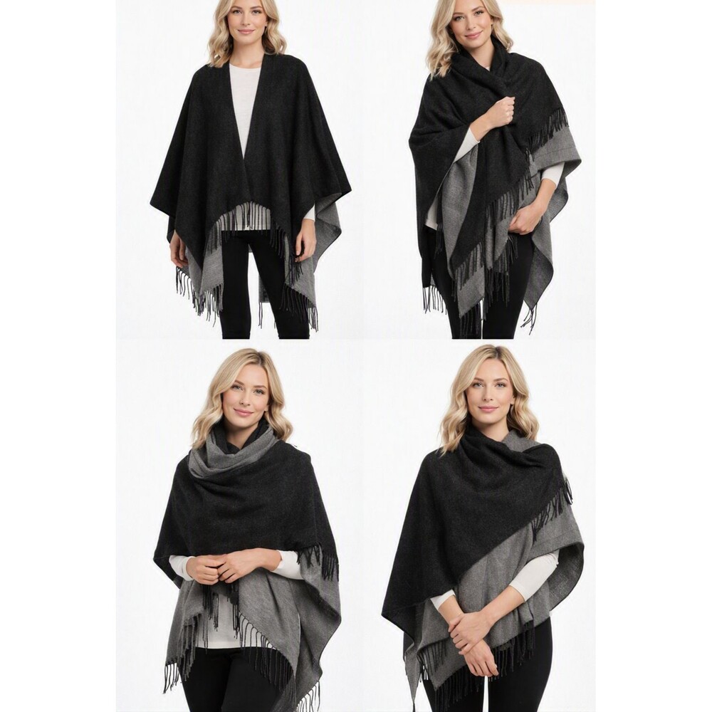 Avon Vintage Poncho One Size  Black & Gray Reversible Wrap Shaw Fringe Cape Y2K
